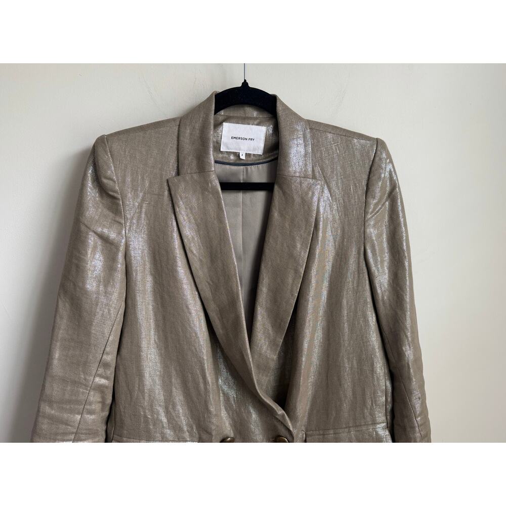 Emerson Fry Long Sleeve Peak Lapel Double-Breasted Blazer Metallic Beige Women 2 - Picture 3 of 7